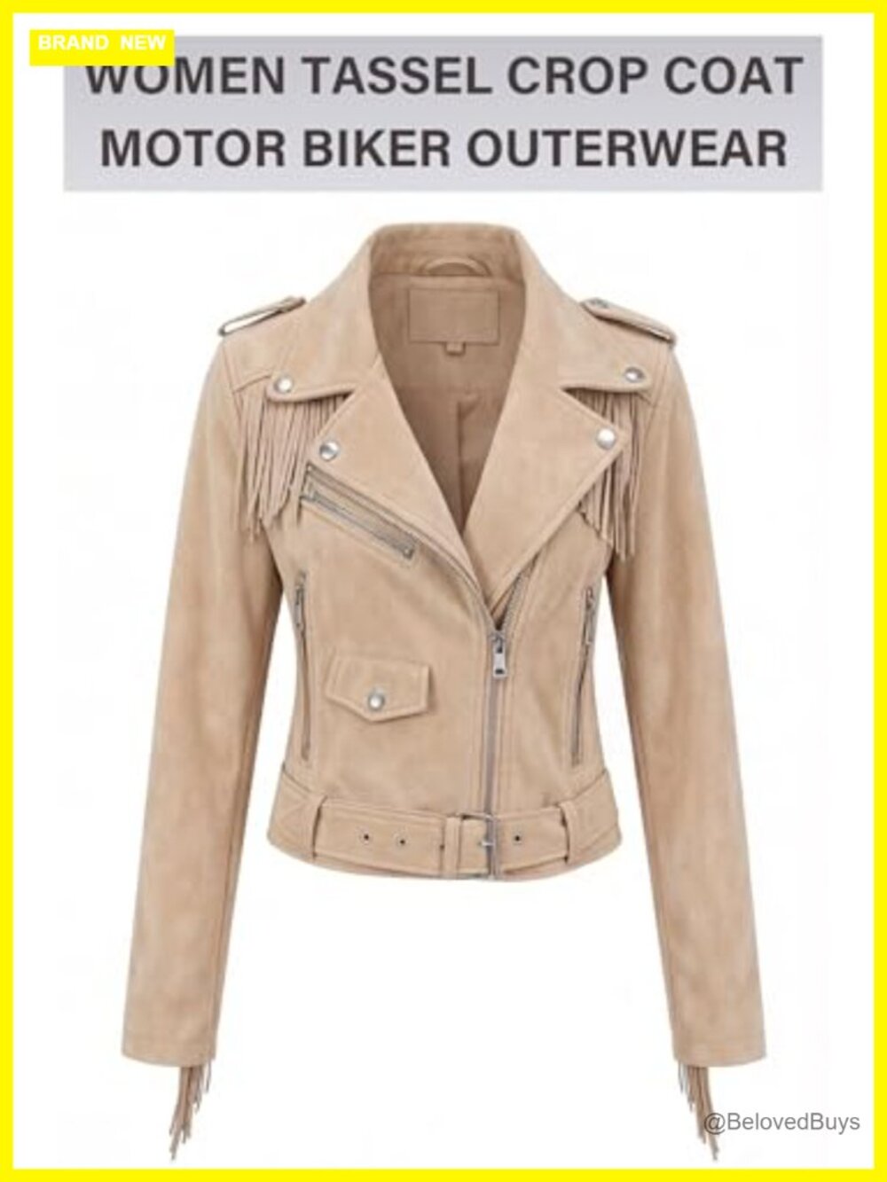 Faux Leather Moto Jacket with Tassel Trim, Belted, Zipper Closure - Picture 4 of 7